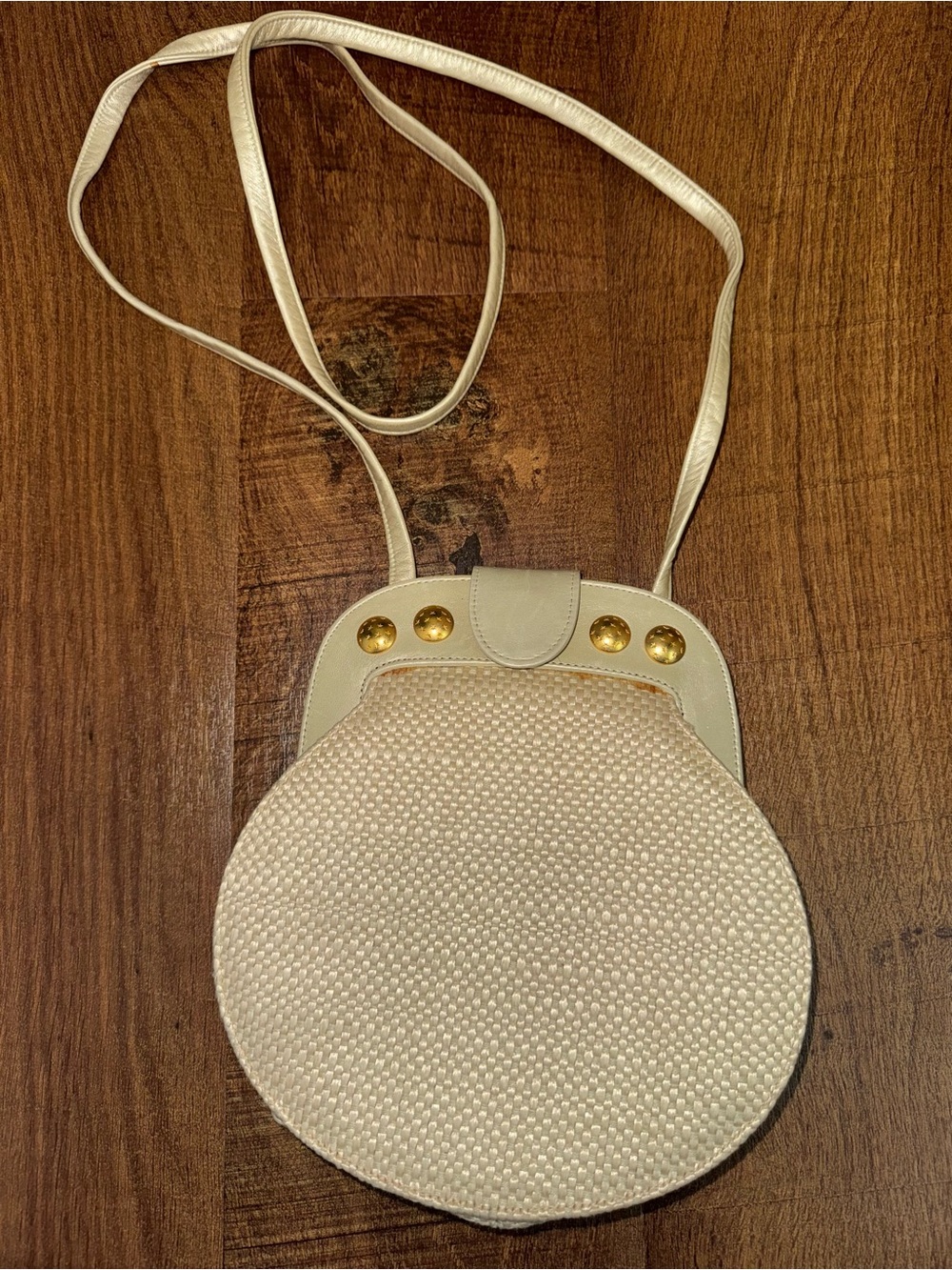Stuart Whitman Cream Round Crossbody Bag with Gold Stud Detail